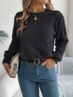 Women Casual Solid Color Hollow Out Lantern Sleeve Pullover Sweater