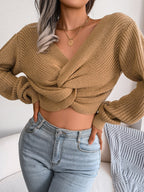 Women Long Sleeve Tie-Front Cropped Knit Sweater