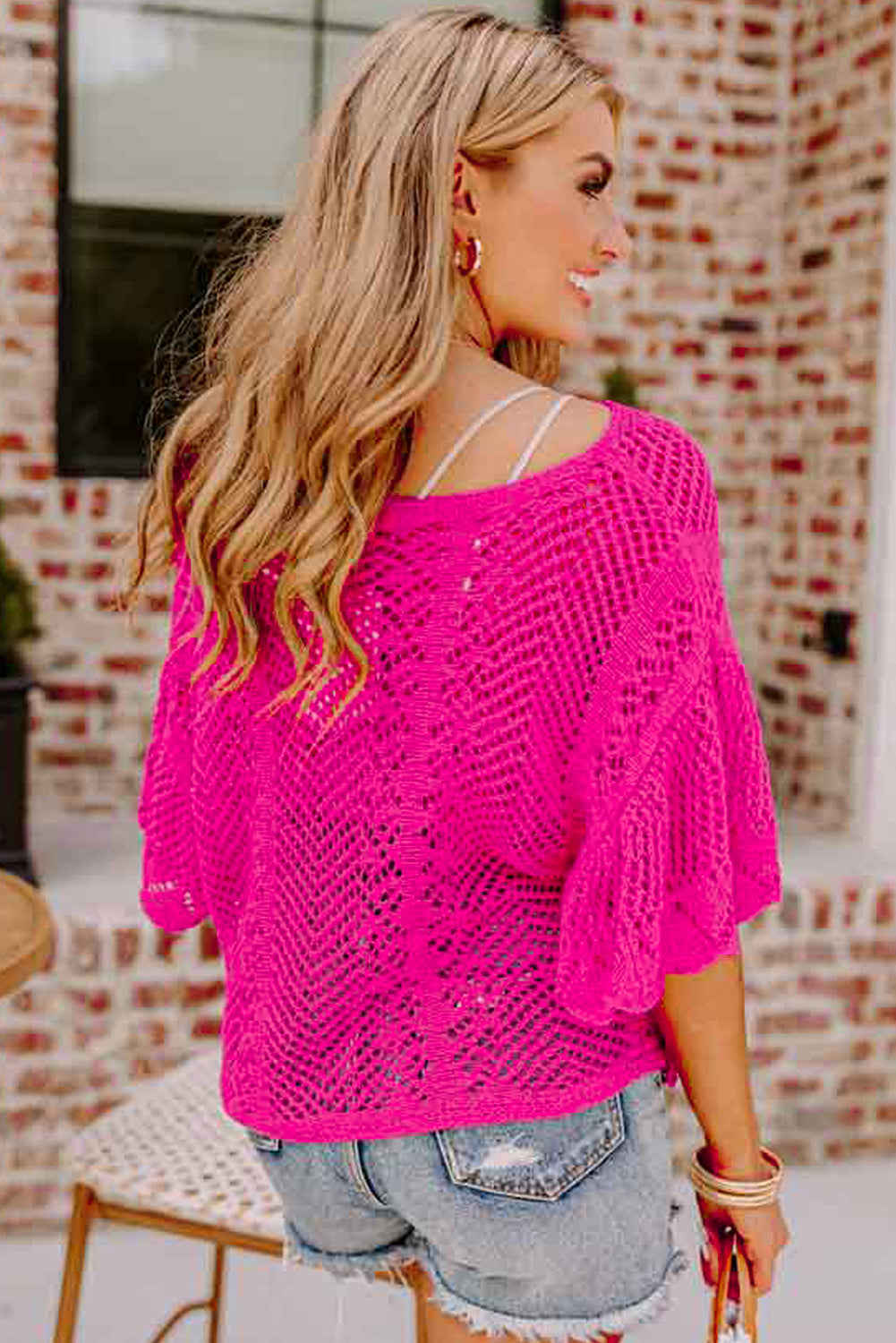 Green Pointelle Knit Scallop Trim Blouse Women UK