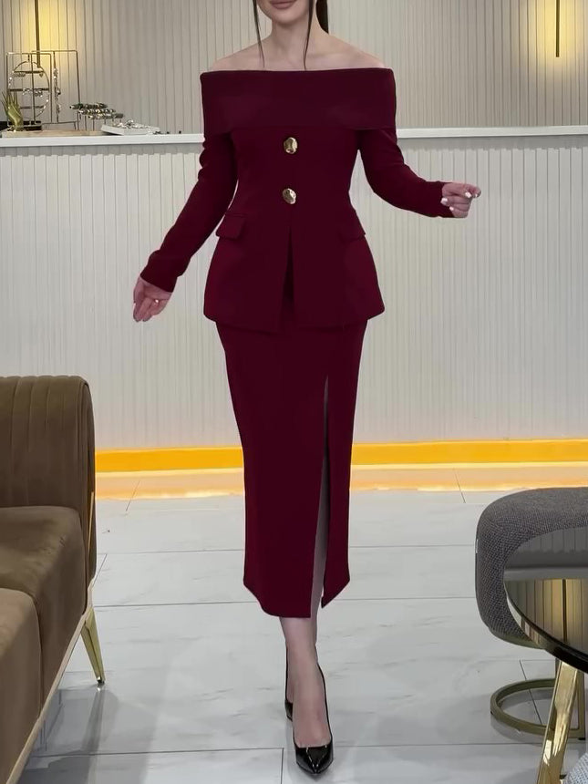 Burgundy Bateau Collar Top & Slit Skirt Suit
