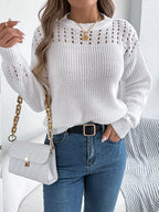 Women Casual Solid Color Hollow Out Lantern Sleeve Pullover Sweater