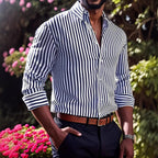 Ins Stripe Printed Long Sleeve Shirt Men Fashion Casual Lapel Button Top Clothing