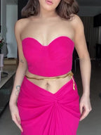 Rose Red Tube Top Twisted Skirt Set