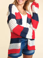 Long-sleeved Knitted Hollow-out Contrast-color Sweater Jacket
