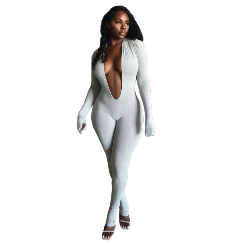New Women's Fashion Sexy Backless Deep V Long Sleeve Solid Color Tight Jumpsuit