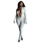 New Women's Fashion Sexy Backless Deep V Long Sleeve Solid Color Tight Jumpsuit