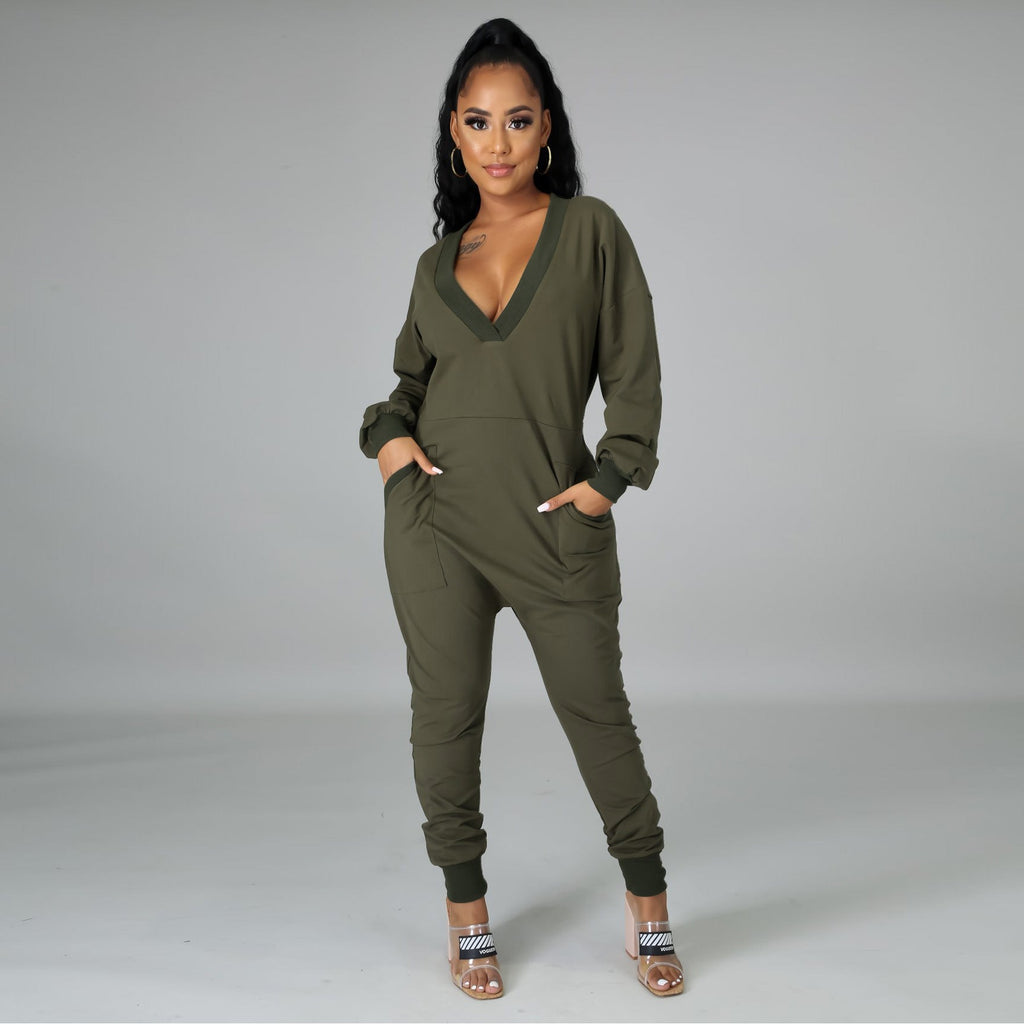 European And American Style Fashion Deep V Pocket One-piece Harem Pants