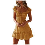 New Splicing Ruffled Floral Skirt Short-sleeved Printed U-Neck And High-Waisted Dress