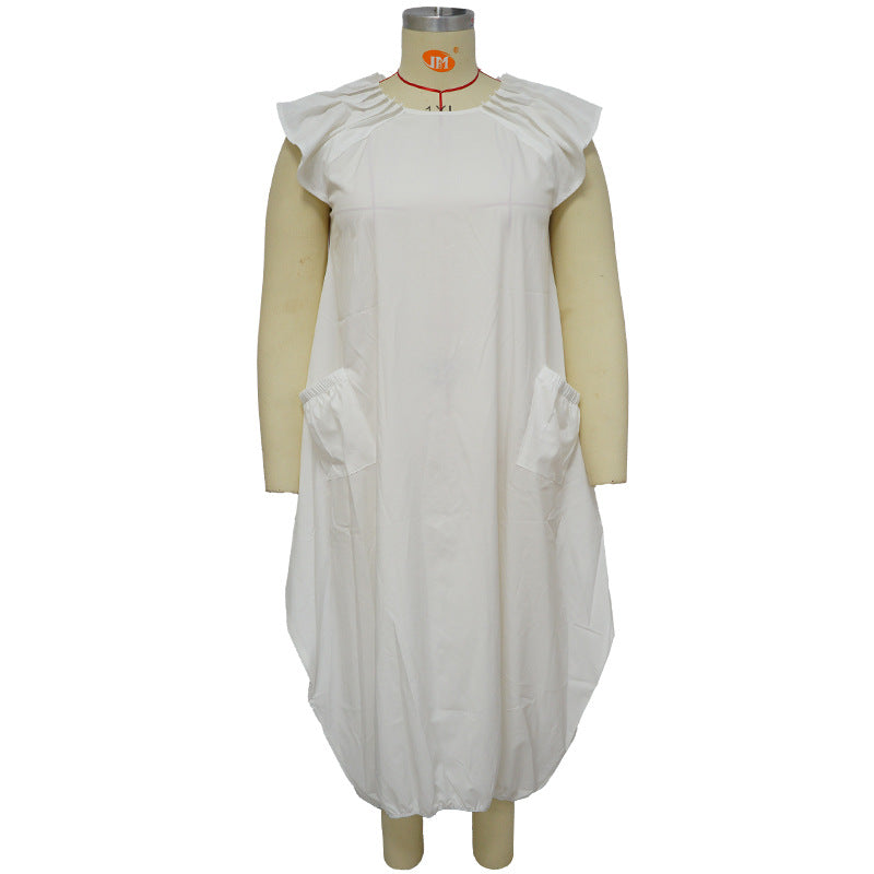 Women's Plus-Size Solid-Color Loose Dress With Two Pockets
