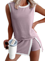 1Set Ribbed Sleeveless Top Shorts Set Women Summer Casual Two Piece Outfit