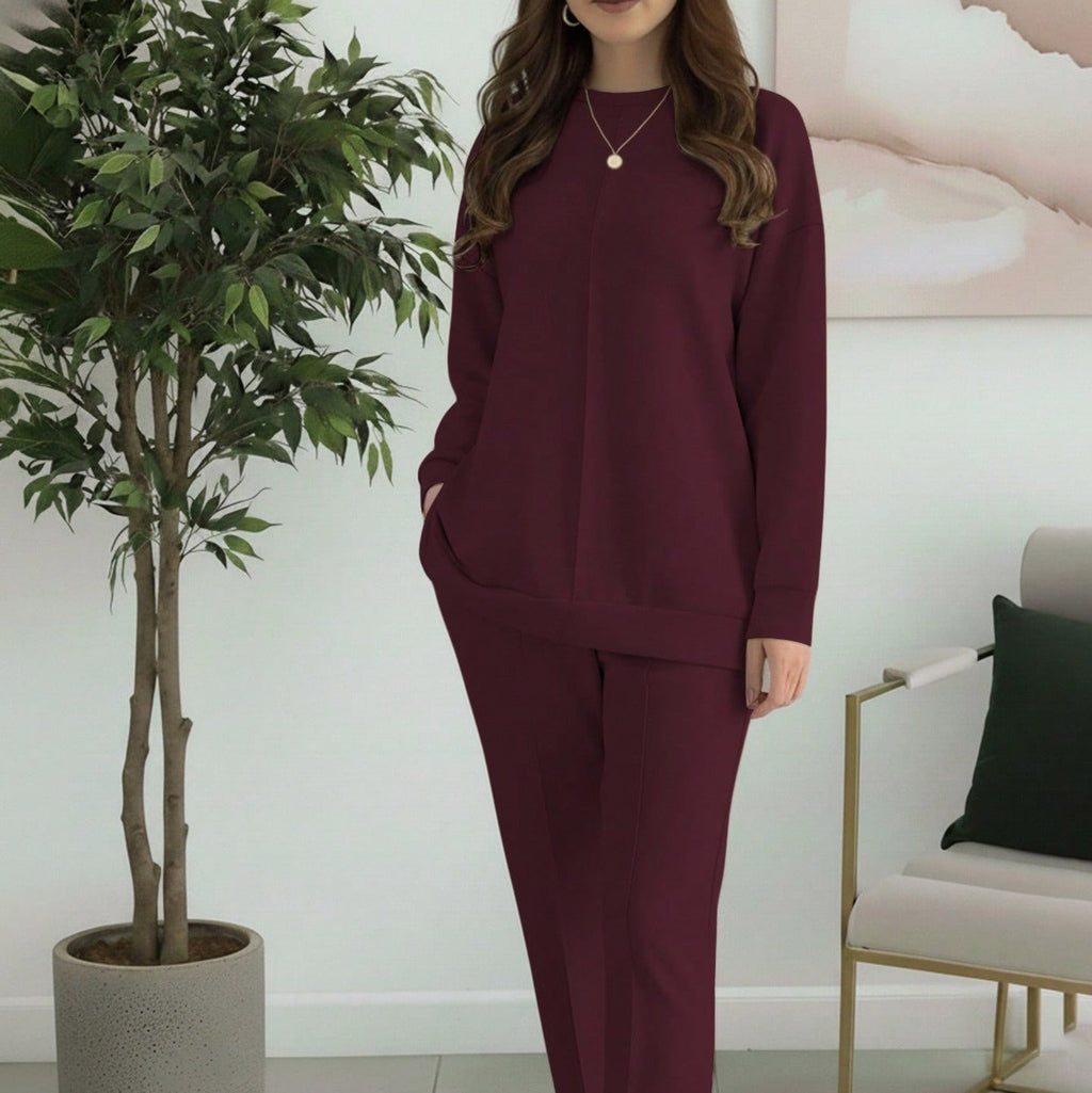 Women's Fashion Casual Solid-Color Crew-Neck Top And Pants Two-Piece Set