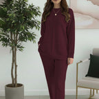 Women's Fashion Casual Solid-Color Crew-Neck Top And Pants Two-Piece Set