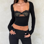 Lace-Panel Fake Two-Piece Hollow-out Long-Sleeve Top For Women