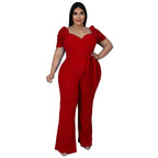 Women's Plus-Size Stand Collar Ruffle Sleeve High-Waist Jumpsuit Wide-Leg Pants
