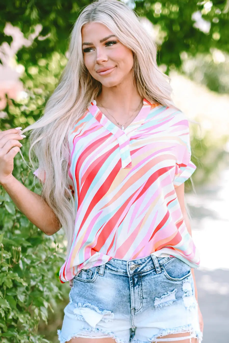 Abstract Print High Low Hem Short Sleeve Blouse Women UK