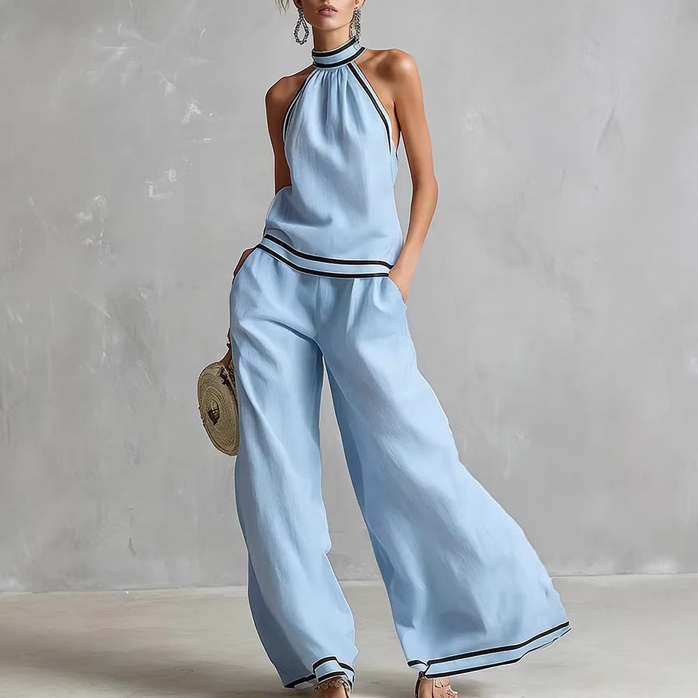 Womens Striped Patchwork Halterneck Sleeveless Wide-Leg Pants Set