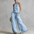 Womens Striped Patchwork Halterneck Sleeveless Wide-Leg Pants Set