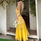 Yellow Floral-print V-neck Slip Dress With High Waist And Mesh Paneling