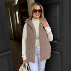 Women's Solid-Color Casual Fuzzy Hooded Vest Sleeveless Jacket