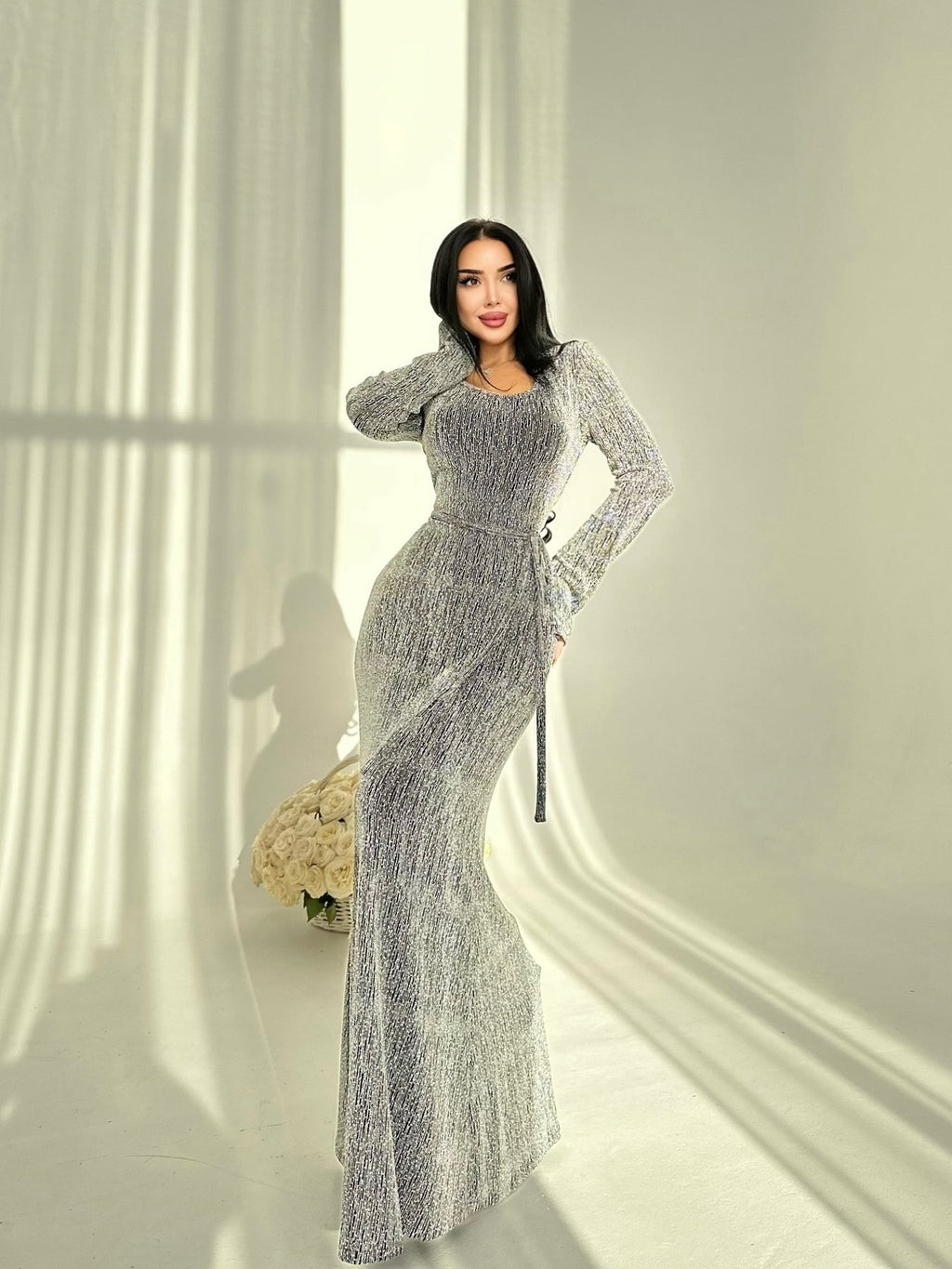 Round Neck Hot Diamond Maxi Dress - Sparkle Embellished Evening Gown for Women