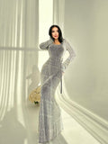 Round Neck Hot Diamond Maxi Dress - Sparkle Embellished Evening Gown for Women