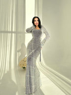 Round Neck Hot Diamond Maxi Dress - Sparkle Embellished Evening Gown for Women