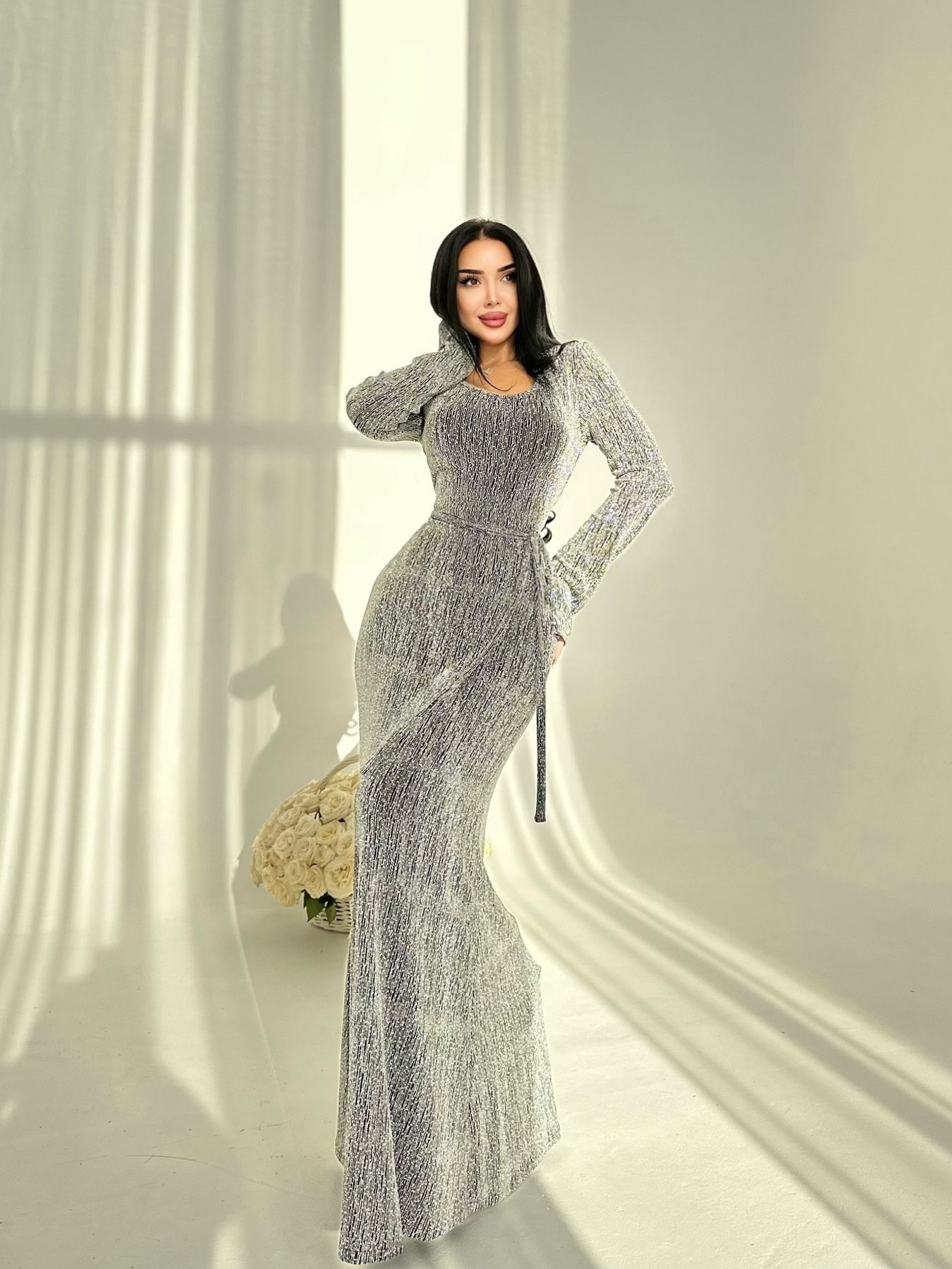 Round Neck Hot Diamond Maxi Dress - Sparkle Embellished Evening Gown for Women