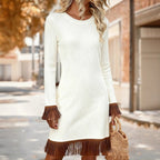 Women's Creative Retro Printed Comfortable Soft Crew-Neck Slim-Fit Fringed Dress