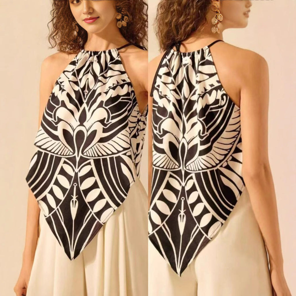 Women's Fashionable And Sexy Lace-up Halterneck Printed Sleeveless Top