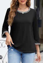 Women's Contrast Color Thread Round Neck Top Solid Color