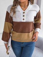 Women Casual Button V-Neck Hollow Out Color Block Lantern Sleeve Pullover Sweater