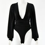 Women's sexy long-sleeved deep V waist pleated temperament bodysuit