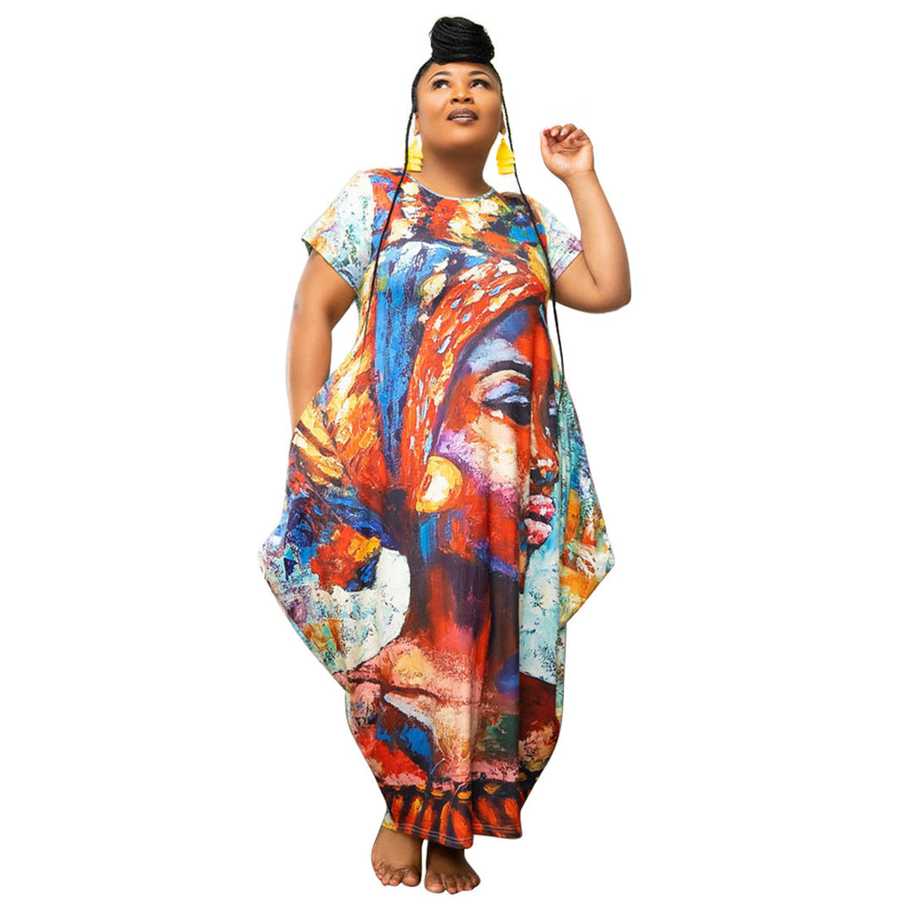 Women's Printed Plus-Size Loose-Fit Maxi Dress With Pockets