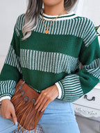 Women Casual Color Block Stripe Long Sleeve Knit Sweater