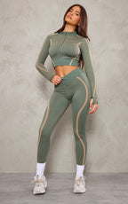 PLT SPORT Pale Green Seamless Contrast Jacquard V Front Leggings