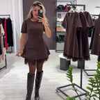 Women's Round Neck Short Sleeve Rhinestone Slimming Lace Trim Dress