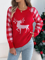 Women Casual Plaid Deer Long Sleeve Pullover Sweater Christmas Edition