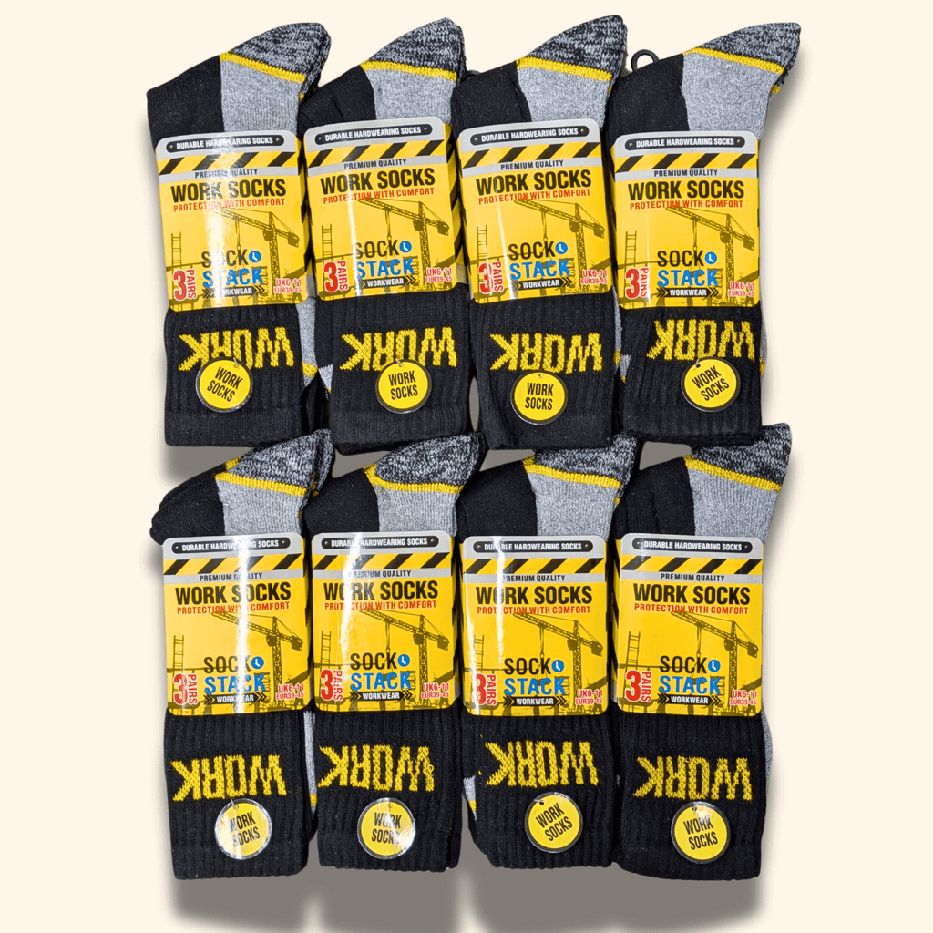 Sock Stack Mens Heavy Duty Work Socks 24 Pairs Cushion Sole Reinforced Toe And Heel Black Boot Socks EU 39-45 UK 6-11 For Construction And Outdoor Use