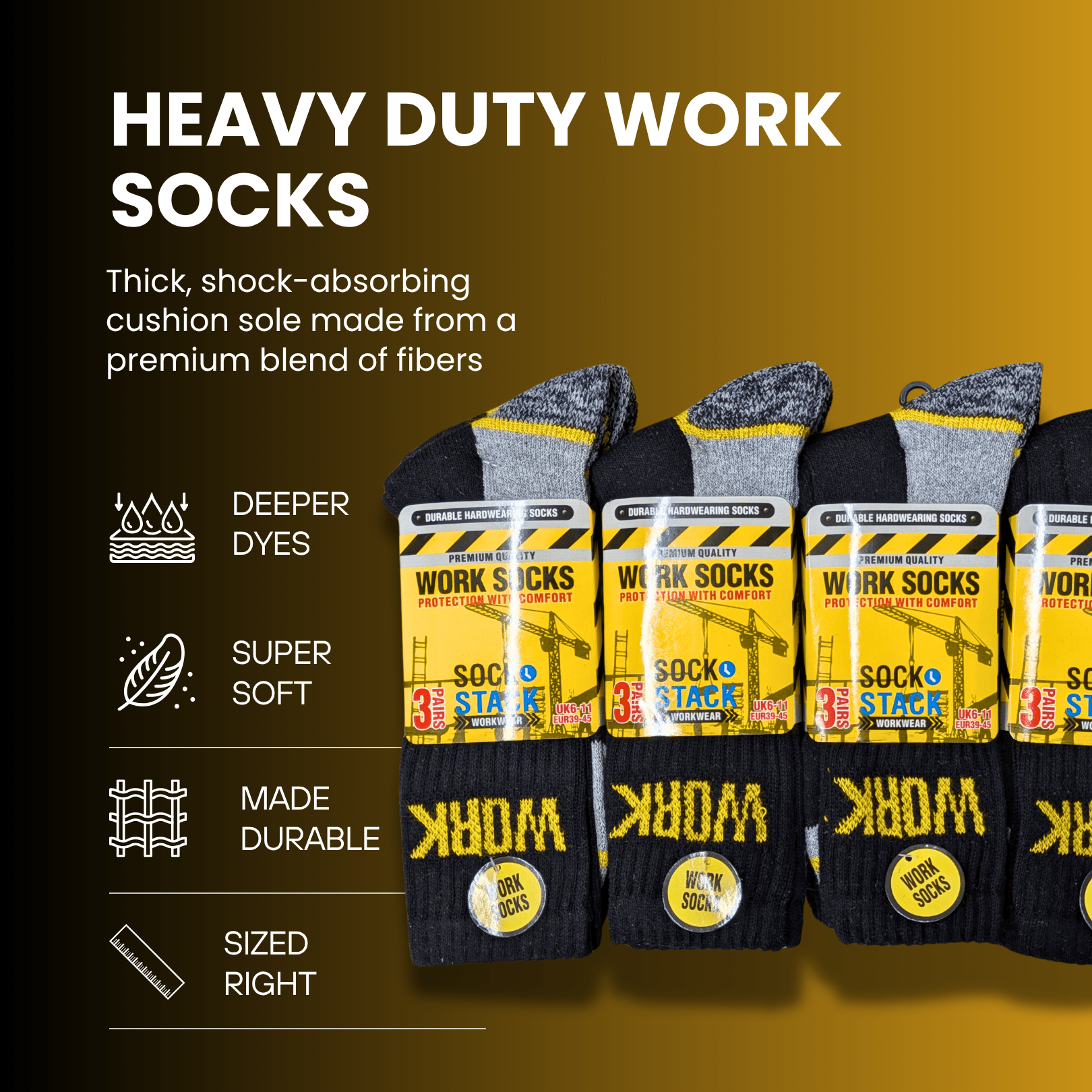Sock Stack Mens Heavy Duty Work Socks 24 Pairs Cushion Sole Reinforced Toe And Heel Black Boot Socks EU 39-45 UK 6-11 For Construction And Outdoor Use