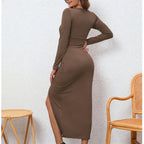 Sexy Sheath-fit Slit V-neck Long-sleeve Dress