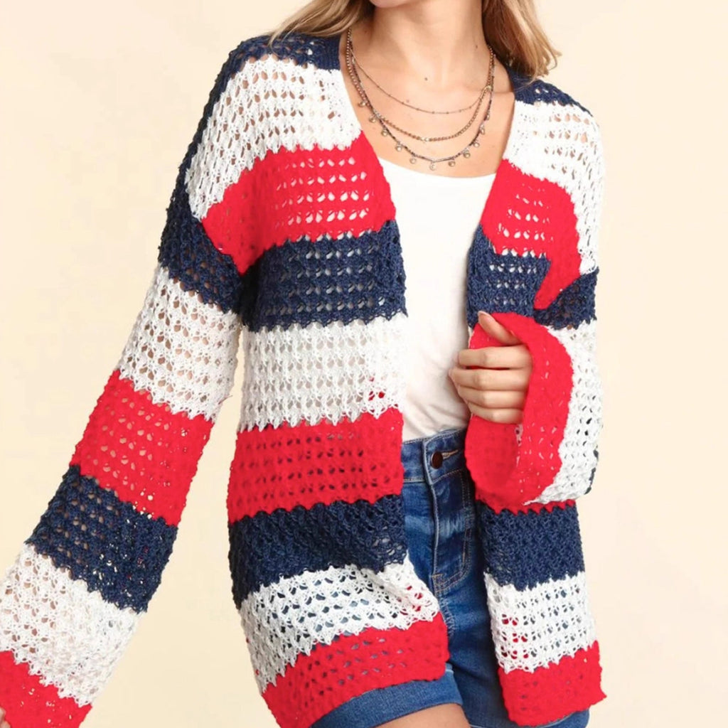 Long-sleeved Knitted Hollow-out Contrast-color Sweater Jacket