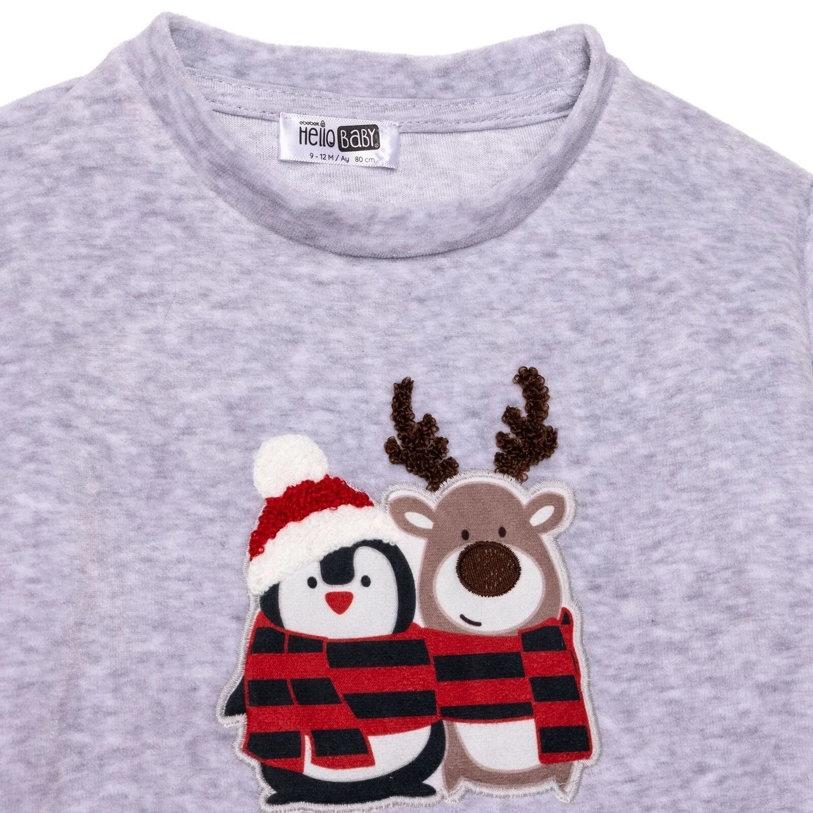 HelloBaby Boys Velvet Pyjama Set Animal with Poppers Christmas Crew Neck Long Leg Long Sleeve - Grey
