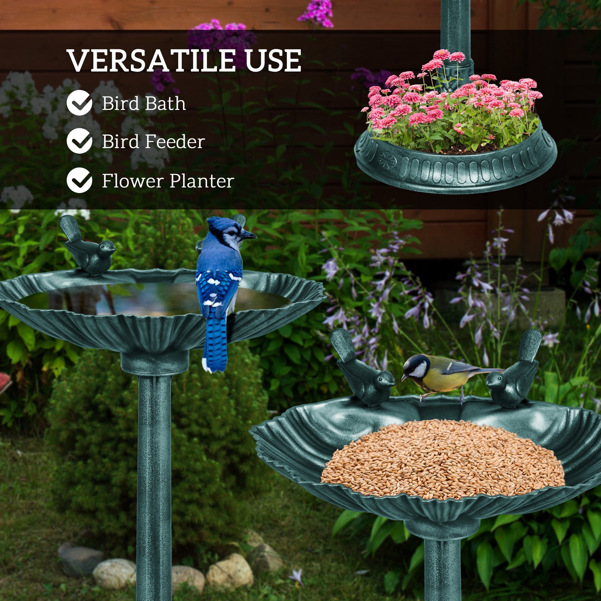 Outsunny 81cm Tall Bird Bath with 2 Decorative Birds, Vintage Style Birdbath with Flower Planter Base, Bird Bath Bowl for Garden, Green