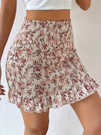 Printed Paper Bag Waist Drawstring Ruffled Hem Skirt