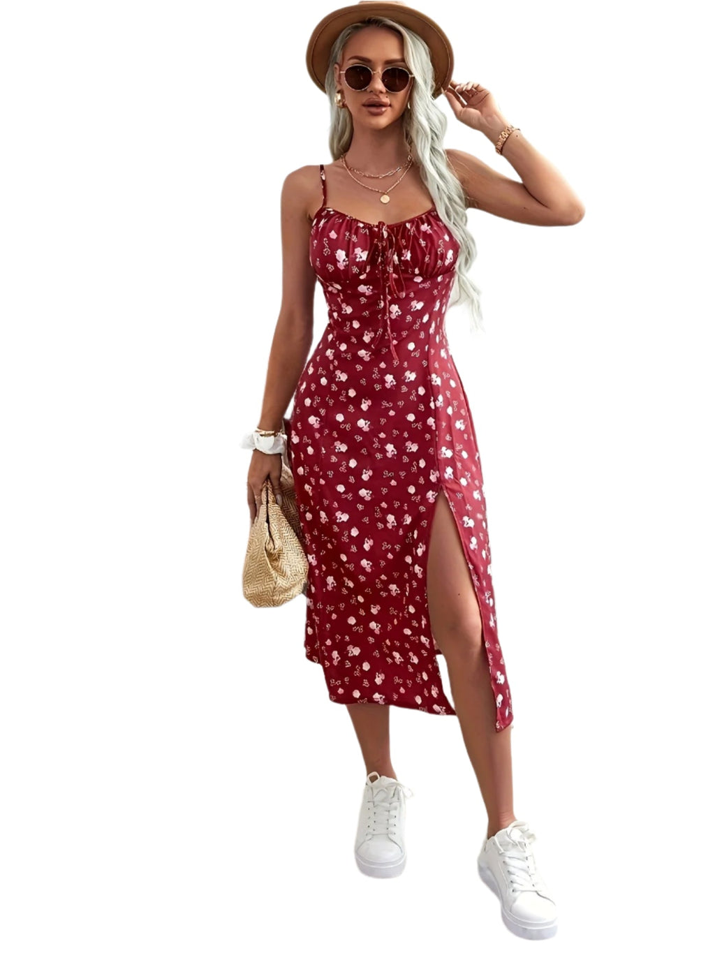 Print Summer Dress for Women - Sleeveless with Side Slit, Polyester, Machine Washable, Adjustable Spaghetti Straps, Spaghetti Suspender Dress