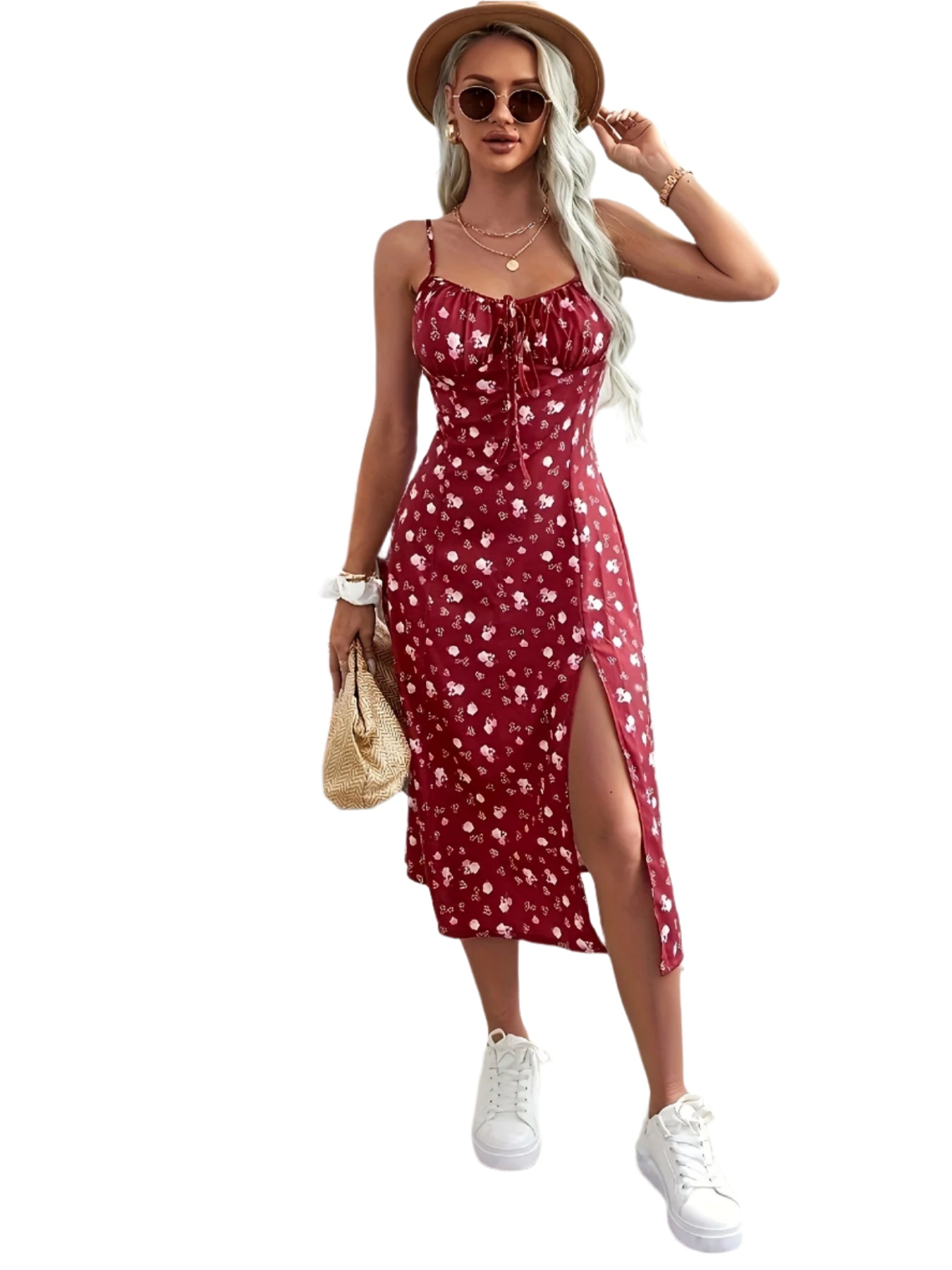 Print Summer Dress for Women - Sleeveless with Side Slit, Polyester, Machine Washable, Adjustable Spaghetti Straps, Spaghetti Suspender Dress