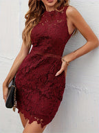 Hollow Stand Collar Women's Fitted Elegant Lace Dress