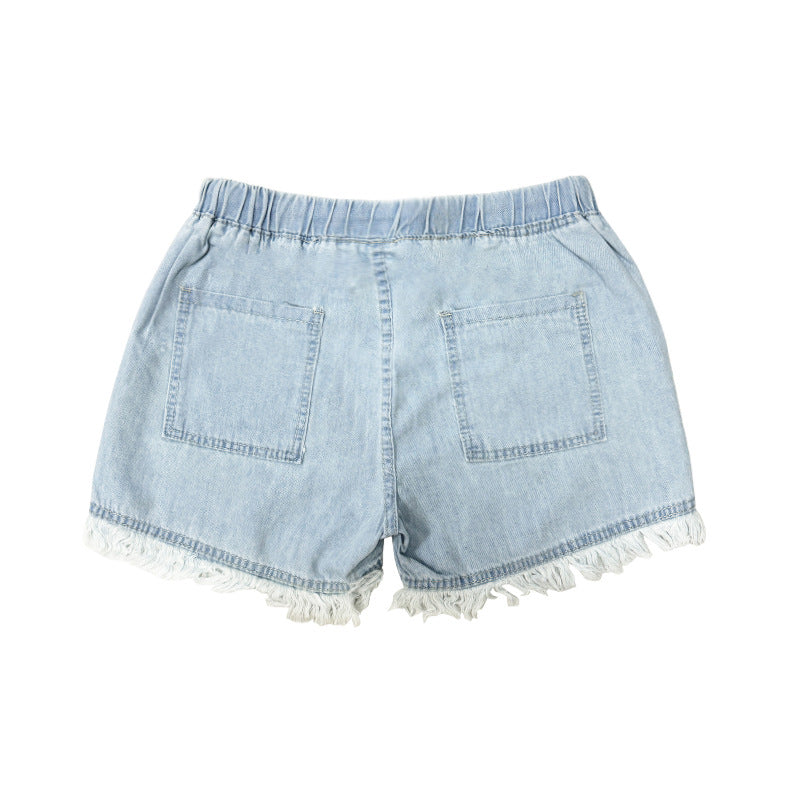 High-waisted Drawstring Fringe Denim Shorts For Women