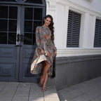V-neck Smocking Waist-tight Long Printed Dress