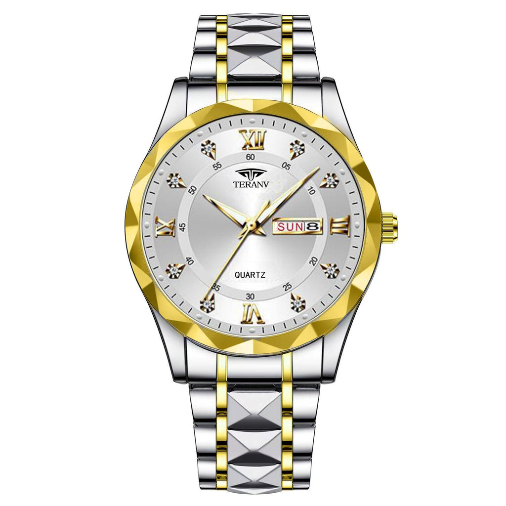 Men's Diamond Shell Calendar Watch - Stainless Steel Luxury Timepiece